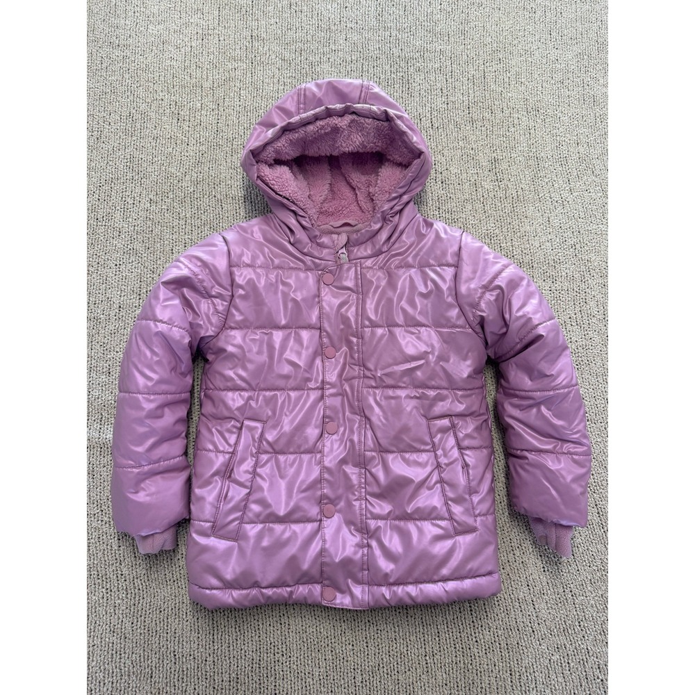 Cat & Jack Girls Purple Metallic Puffer Jacket Sherpa Lined Hooded Coat 5T